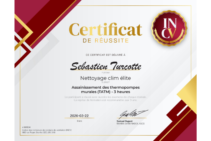 CERTIFICATION INCV de Sébastien Turcotte, nettoyage clim élite à Sherbrooke