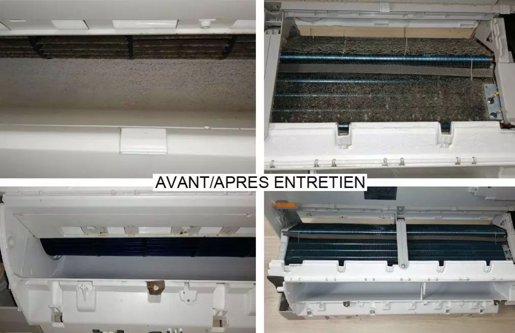 Photo avant après d'un nettoyage de thermopompe réalisé par Nettoyage Clim Elite à Sherbrooke