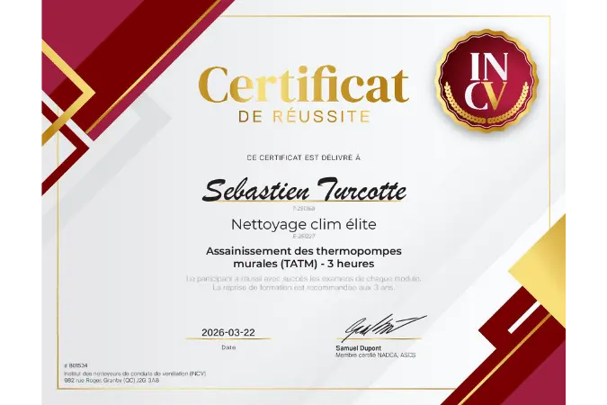 CERTIFICATION INCV de Sébastien Turcotte, nettoyage clim élite à Sherbrooke